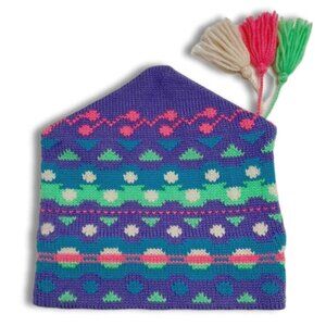 Retro 80's MURRAY MERKLEY 100% Wool Intarsia Geo Pattern Knit Beanie Hat Pom-Pom